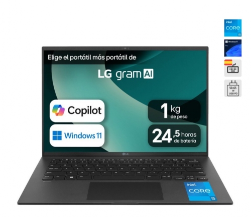 Portátil LG gram 14", Intel Core Ultra 5 115U, 16 GB LPDDR5X, 512 GB SSD, IPS WUXGA, Preto, Windows 11 Pro, Teclado Espanhol – 14ZB90S-G.AP55B