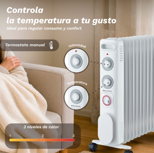 Radiador GRUNKEL RD-2500S-  elétrico a óleo, 2500 W, 11 elementos de aquecimento, 3 níveis de potência