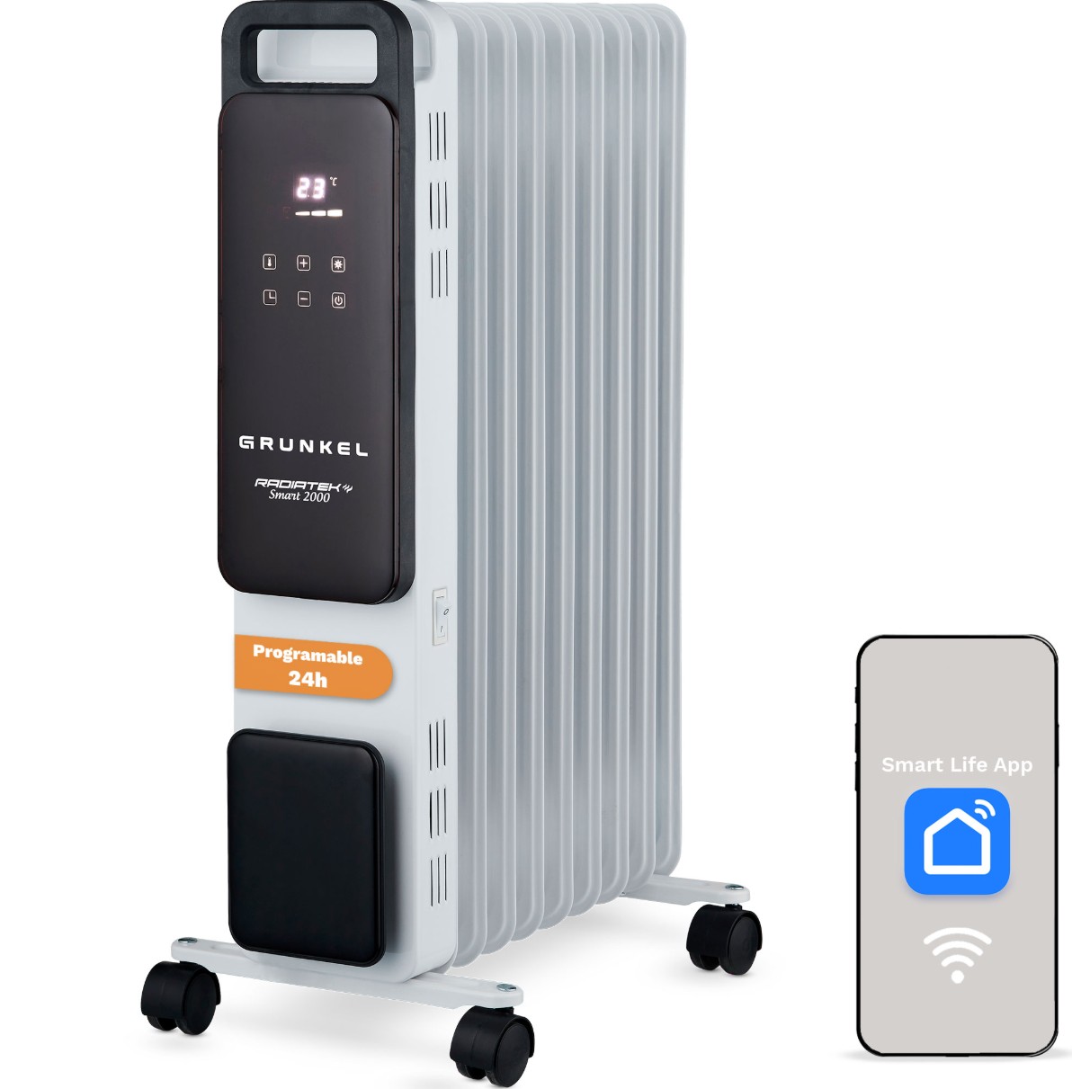 Radiador GRUNKEL RD-2500PRO - elétrico a óleo inteligente, 2500 W, 11 elementos de aquecimento, 3 níveis de potência