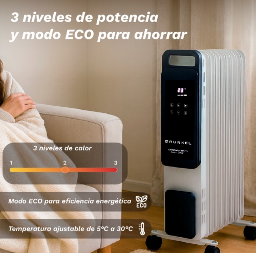 Radiador GRUNKEL RD-2500PRO - elétrico a óleo inteligente, 2500 W, 11 elementos de aquecimento, 3 níveis de potência