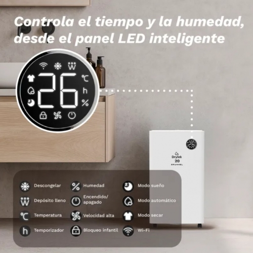 Desumidificador GRUNKEL DH-20DT – 20L/24h, Depósito 5,5L, Wi-Fi
