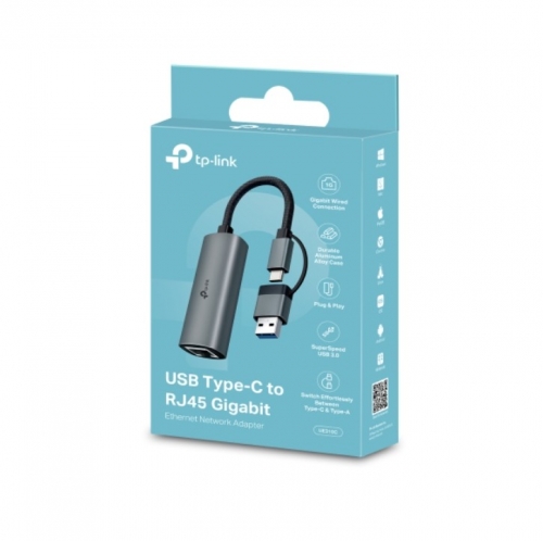Adaptador de rede TP-Link USB 3.0 Type-C/Type-A para RJ45 Gigabit Ethernet 10/100/1000 Mbps, compacto, com caixa em alumínio — UE310C.