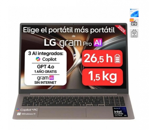 Portátil LG Gram Pro 17", Touch, Intel Core Ultra X9, 32 GB, 512 GB , Bronze, Windows 11 Home Teclado ES – 17Z90UB-H.AU96BN