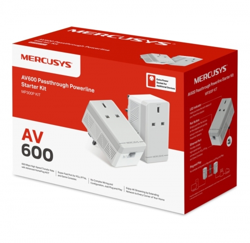 Kit Powerline TP- LINK MERCUSYS MP300P KIT AV600 com Passagem de Corrente, 2 Adaptadores