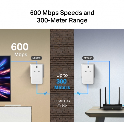 Kit Powerline TP- LINK MERCUSYS MP300P KIT AV600 com Passagem de Corrente, 2 Adaptadores