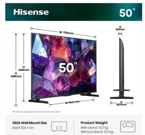 Smart TV Hisense 50E7S PRO - Hi-QLED 50" 4K Ultra HD, 144 Hz, HDR, Dolby Vision/Atmos, VIDAA