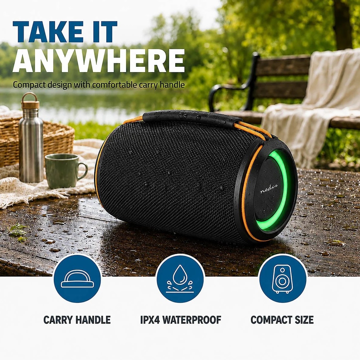 Coluna Bluetooth Portátil NEDIS SPBT2026BK - 40 W com Iluminação LED