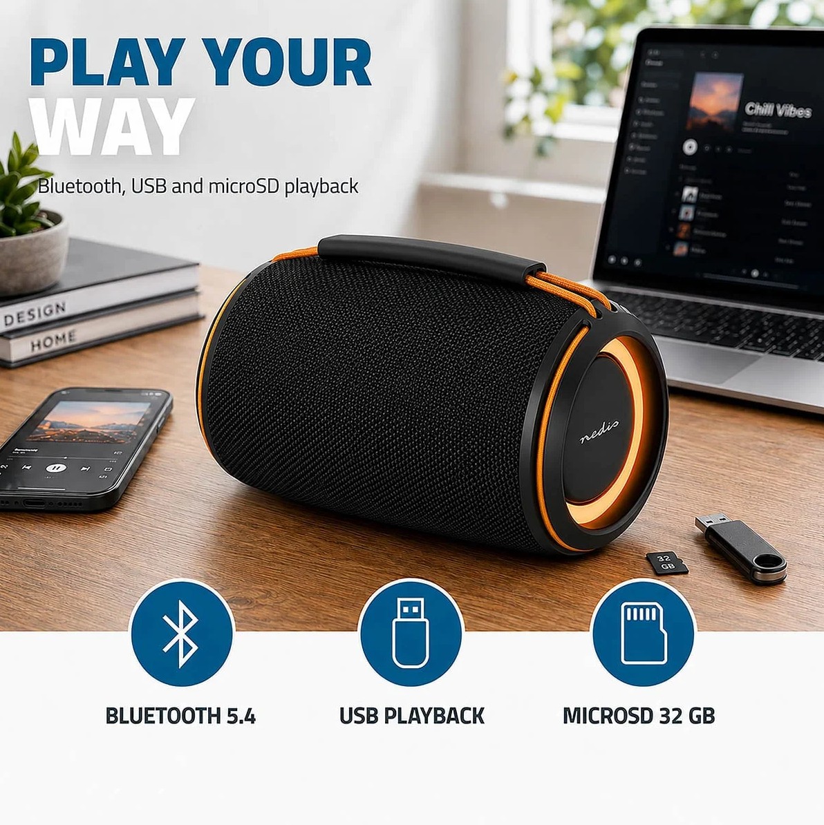 Coluna Bluetooth Portátil NEDIS SPBT2026BK - 40 W com Iluminação LED