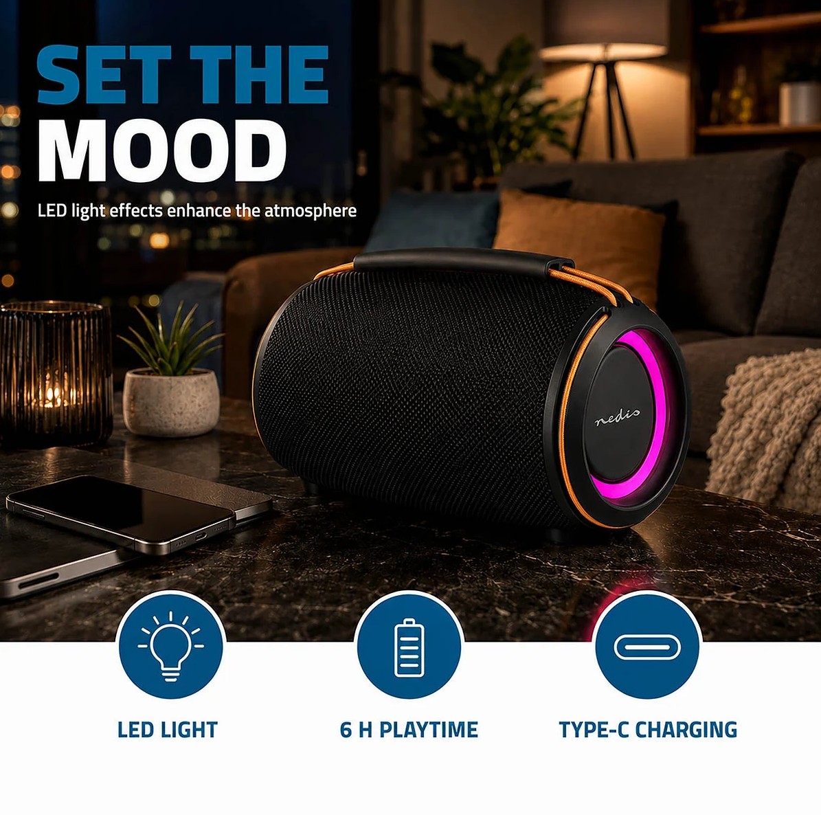 Coluna Bluetooth Portátil NEDIS SPBT2026BK - 40 W com Iluminação LED