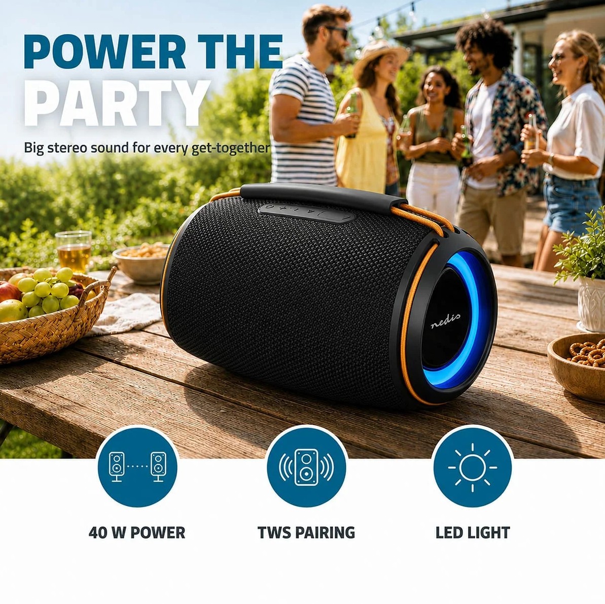 Coluna Bluetooth Portátil NEDIS SPBT2026BK - 40 W com Iluminação LED