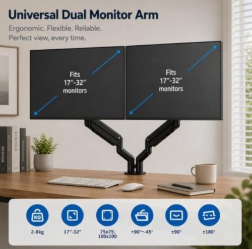Suporte Duplo para Monitores EWENT EW1493 – Mola a Gás, 17–32", VESA 100×100