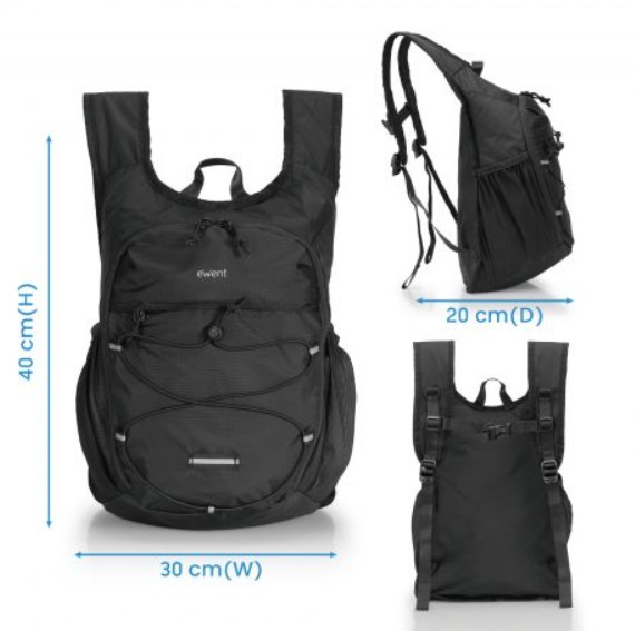 Mochila Dobrável Ultraligeira EWENT EW2541, 24 L, Nylon 210D Impermeável, Compatível com Bagagem de Cabine, Preta