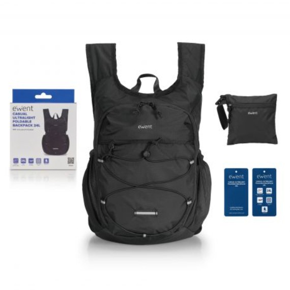 Mochila Dobrável Ultraligeira EWENT EW2541, 24 L, Nylon 210D Impermeável, Compatível com Bagagem de Cabine, Preta