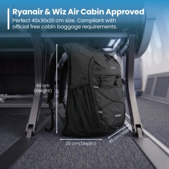 Mochila Dobrável Ultraligeira EWENT EW2541, 24 L, Nylon 210D Impermeável, Compatível com Bagagem de Cabine, Preta