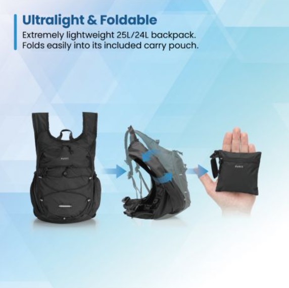 Mochila Dobrável Ultraligeira EWENT EW2541, 24 L, Nylon 210D Impermeável, Compatível com Bagagem de Cabine, Preta