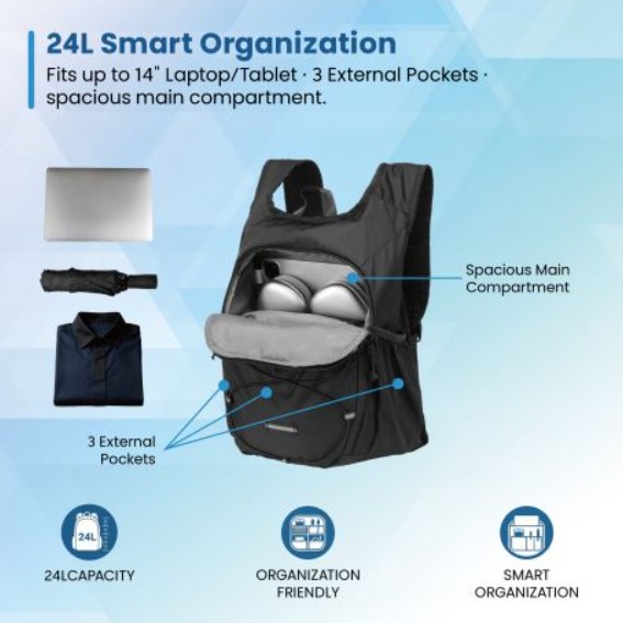 Mochila Dobrável Ultraligeira EWENT EW2541, 24 L, Nylon 210D Impermeável, Compatível com Bagagem de Cabine, Preta