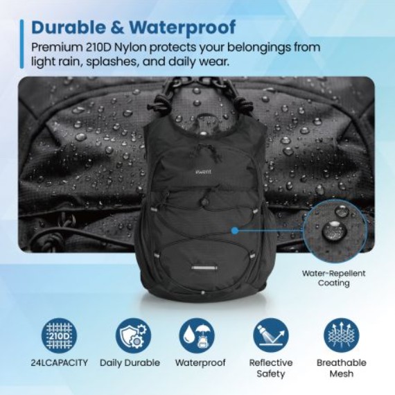 Mochila Dobrável Ultraligeira EWENT EW2541, 24 L, Nylon 210D Impermeável, Compatível com Bagagem de Cabine, Preta