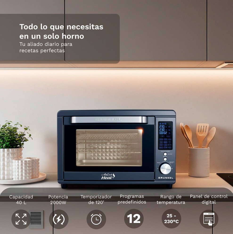 Mini Forno Elétrico GRUNKEL HR-40AIRCOOK 40L 2000W com Air Fryer, Convecção e Painel Digital