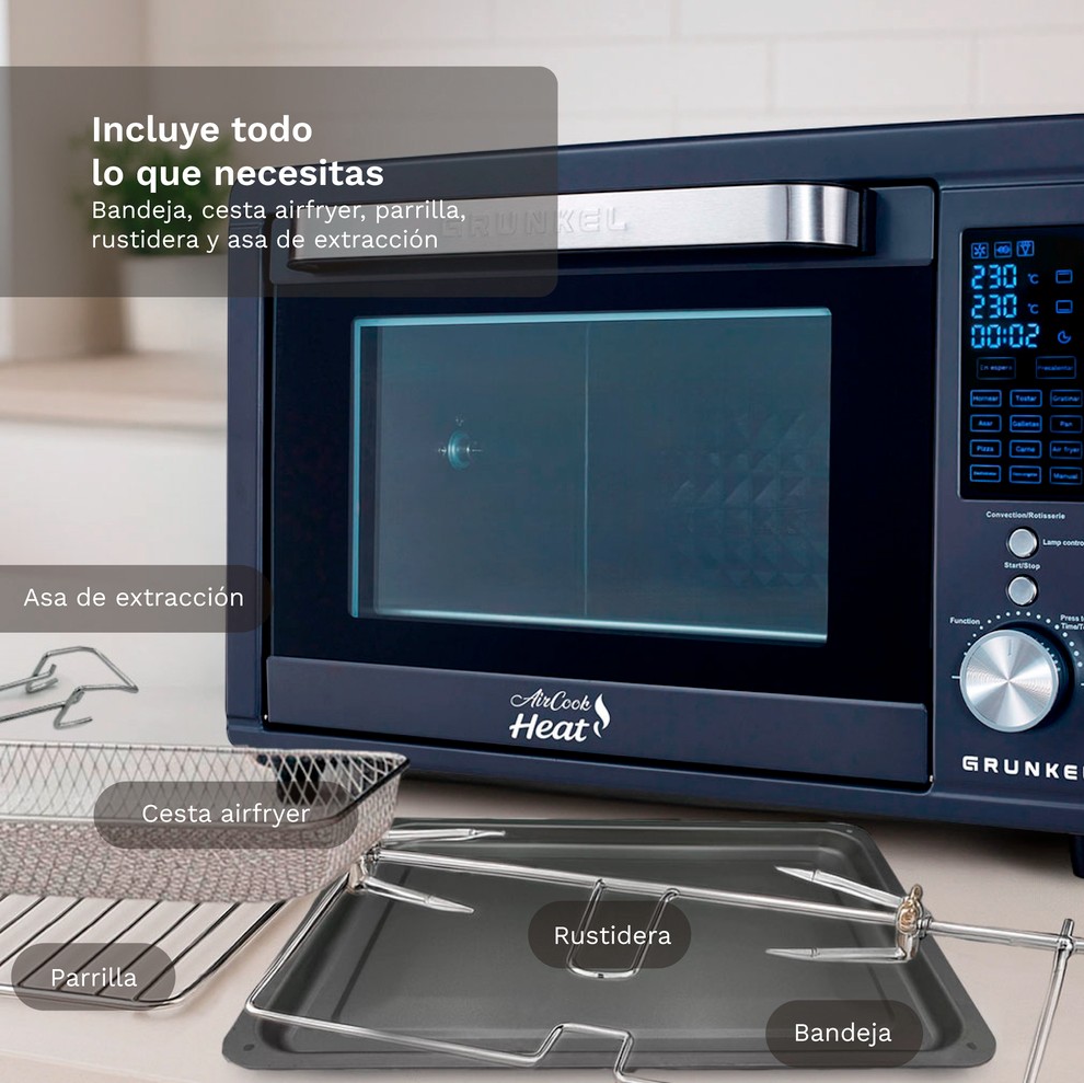 Mini Forno Elétrico GRUNKEL HR-40AIRCOOK 40L 2000W com Air Fryer, Convecção e Painel Digital