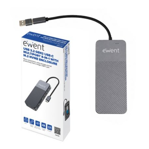 Dock USB-C EWENT EW1156 – 8 em 1, HDMI 4K, PD 100W, M.2 NVMe