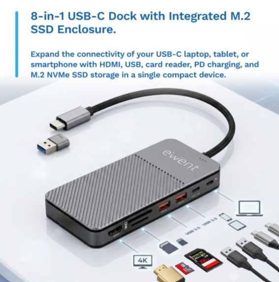 Dock USB-C EWENT EW1156 – 8 em 1, HDMI 4K, PD 100W, M.2 NVMe