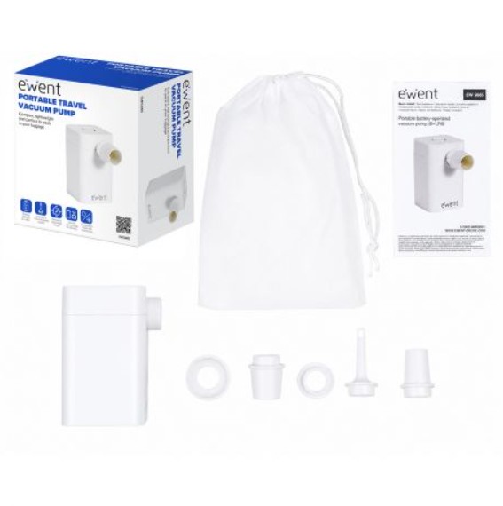 Bomba de Vácuo Portátil EWENT EW5685 para Sacos de Compressão de Roupa, 5 Bicos Adaptadores, Alimentação a Pilhas, Branca