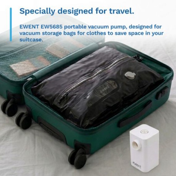 Bomba de Vácuo Portátil EWENT EW5685 para Sacos de Compressão de Roupa, 5 Bicos Adaptadores, Alimentação a Pilhas, Branca