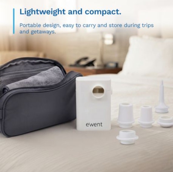 Bomba de Vácuo Portátil EWENT EW5685 para Sacos de Compressão de Roupa, 5 Bicos Adaptadores, Alimentação a Pilhas, Branca