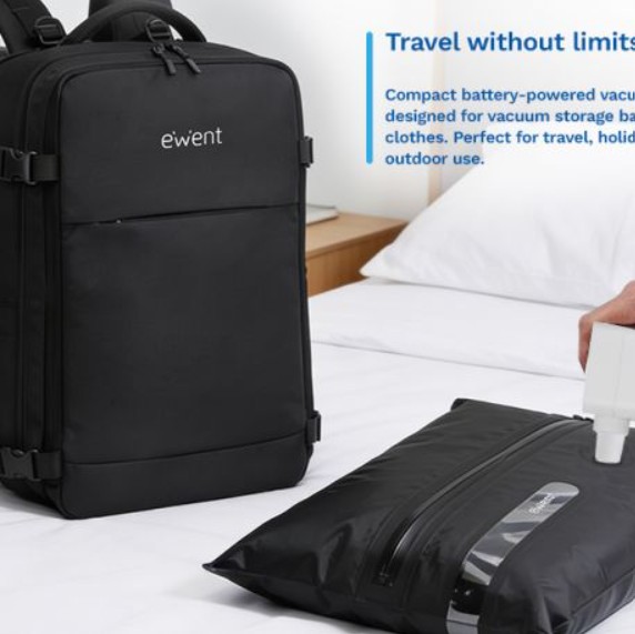 Bomba de Vácuo Portátil EWENT EW5685 para Sacos de Compressão de Roupa, 5 Bicos Adaptadores, Alimentação a Pilhas, Branca