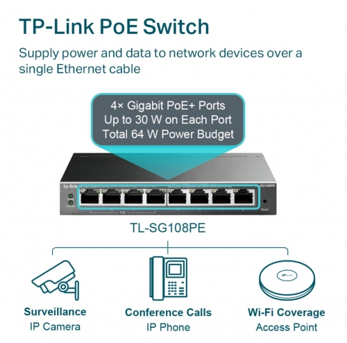 Switch TP-Link TL-SG108PE Easy Smart Gigabit de 8 Portas com PoE+