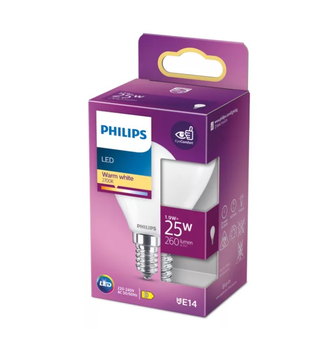 Lâmpada LED Philips Classic 25W P45 E14 Luz Branca Quente, Vidro Fosco, Não Regulável - 929004588711