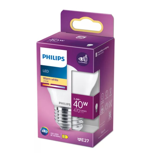 Lâmpada LED Philips Classic 40W P45 E27 Luz Quente, Fosca, Não Regulável - 929004590511