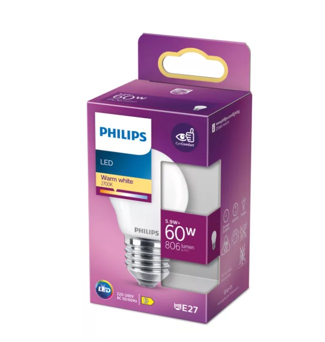 Lâmpada LED Philips Classic 60W P45 E27 Luz Quente, Vidro Fosco, Não Regulável - 929004592101