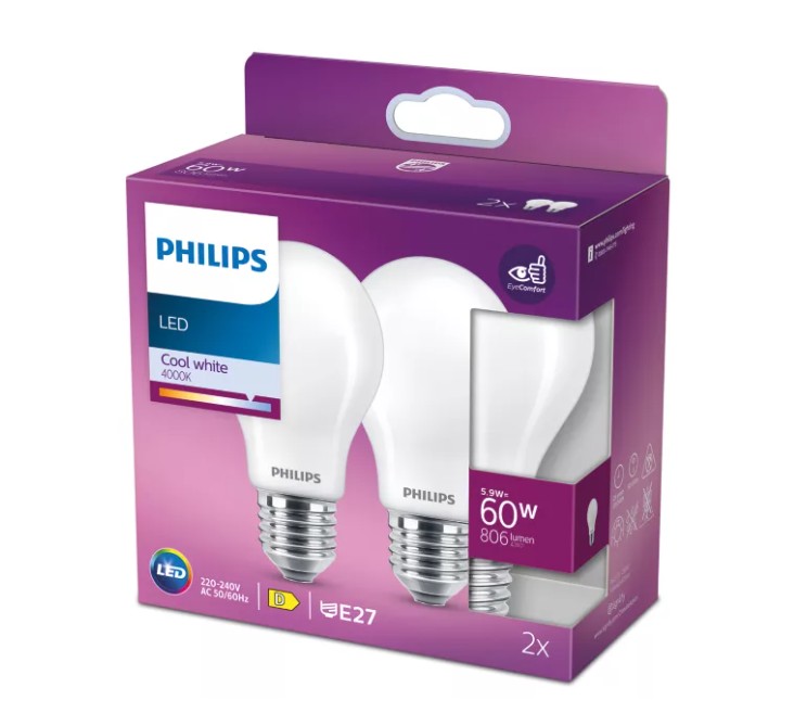 Lâmpada LED Philips Classic 60W A60 E27 Luz Branca Fria, Vidro Fosco, Pack de 2 - 929004592711