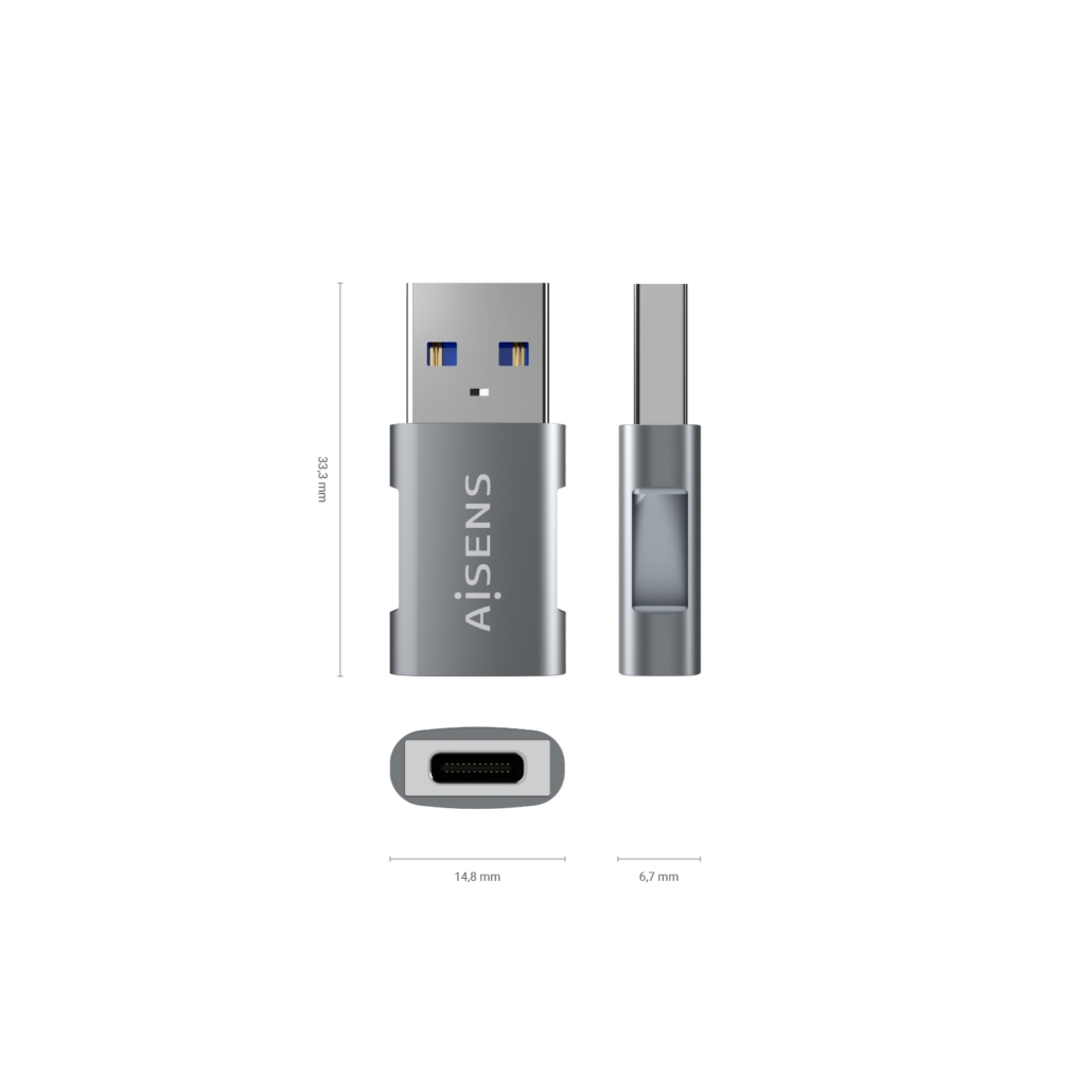 Mini Adaptador AISENS USB 3.2 Gen 2, USB-A Macho para USB-C Fêmea, 10 Gbps, 3 A, Cinzento – A108-0655