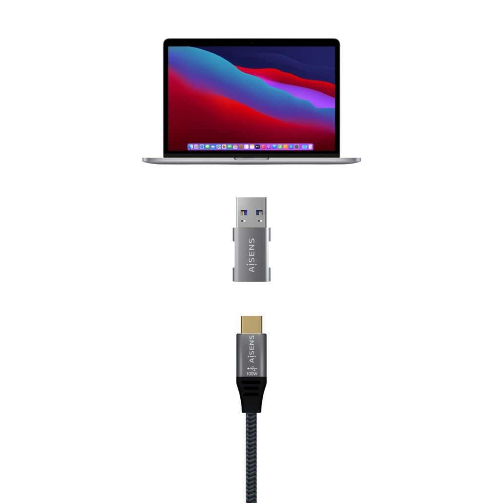 Mini Adaptador AISENS USB 3.2 Gen 2, USB-A Macho para USB-C Fêmea, 10 Gbps, 3 A, Cinzento – A108-0655