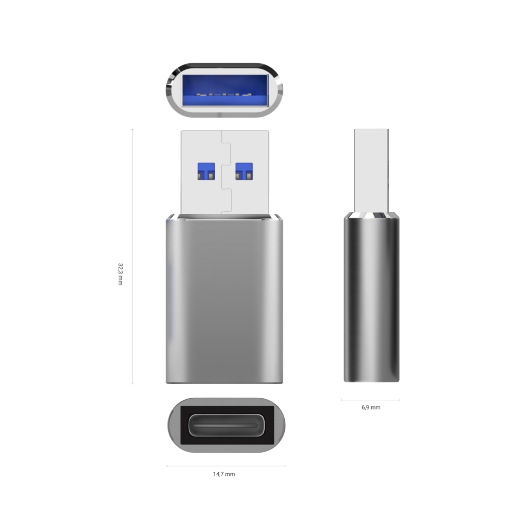 Mini Adaptador AISENS USB 3.2 Gen 2 USB-C Fêmea para USB-A Macho 3A – Cinzento - A108-0677