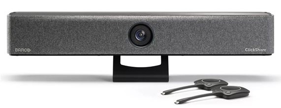 Barra de Videoconferência Tudo-em-Um Barco ClickShare Bar Pro 4K com Câmara, Microfones e Colunas Estéreo – Inclui 2 Botões ClickShare e Fonte de Alimentação – R9861633EUB2