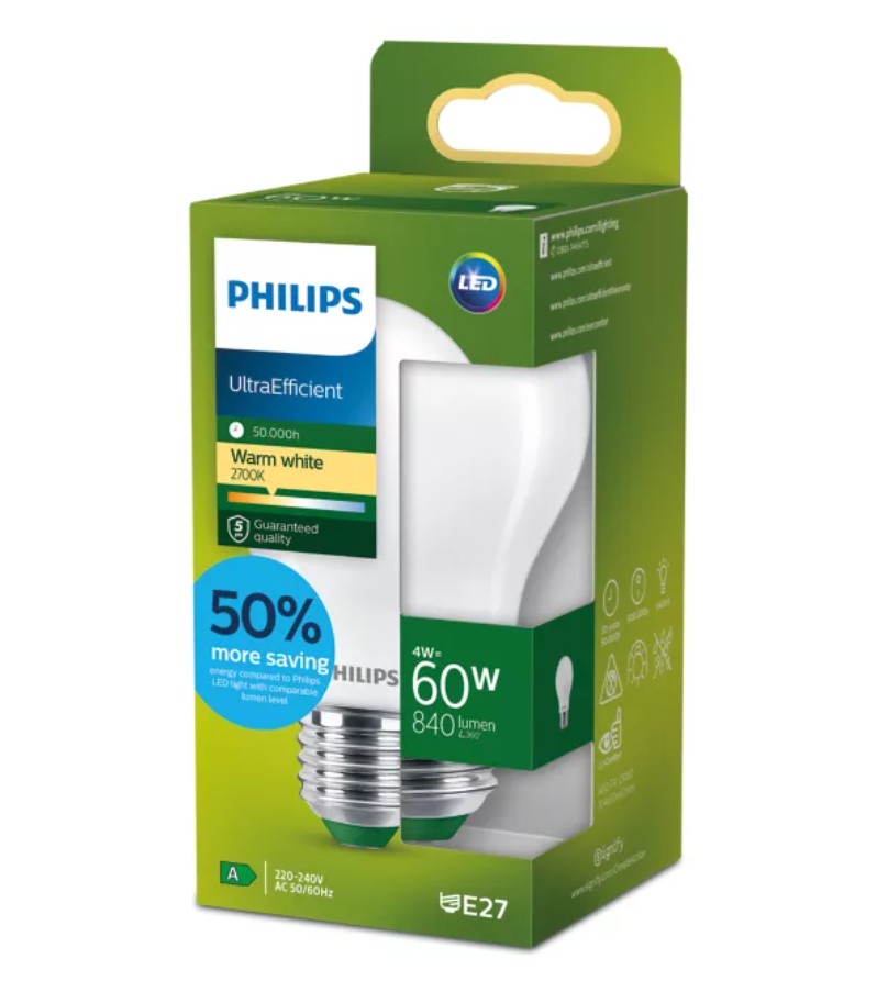 Lâmpada LED Philips UltraEfficient A60 E27 4 W, equivalente a 60 W, 2700 K, luz quente, acabamento fosco - 929003623701