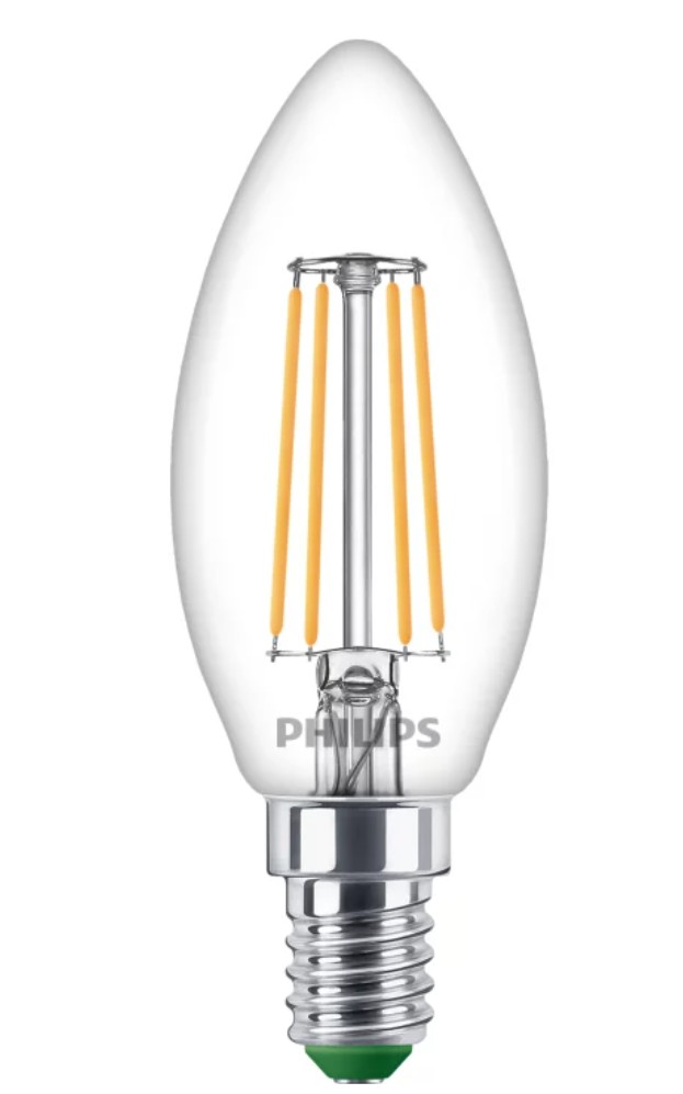Lâmpada LED Philips UltraEfficient Vela B35 E14 2,3 W, equivalente a 40 W, 485 lm, 2700 K, vidro transparente, classe A - 929003800701