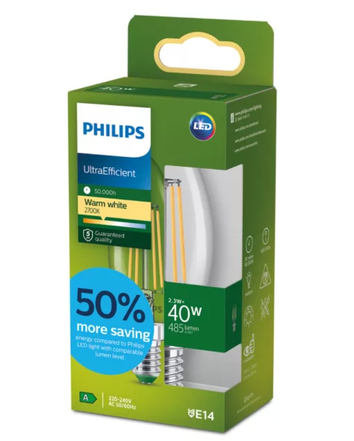 Lâmpada LED Philips UltraEfficient Vela B35 E14 2,3 W, equivalente a 40 W, 485 lm, 2700 K, vidro transparente, classe A - 929003800701