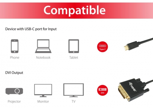Cabo Adaptador EQUIP USB-C para DVI-D Dual Link M/M – 1,8 m - 133468