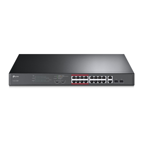 16-Port 10/100Mbps PoE+ Switch, 16 10/100Mbps RJ45 Ports, 2 Gigabit RJ45 Ports, 2 Combo SFP Slots, 802.3at/af, 192W PoE Power, 1U 19-inch Rack-mountable Steel Case, Extend Mode for 250m PoE Transmitting, Priority Mode for Port1-8