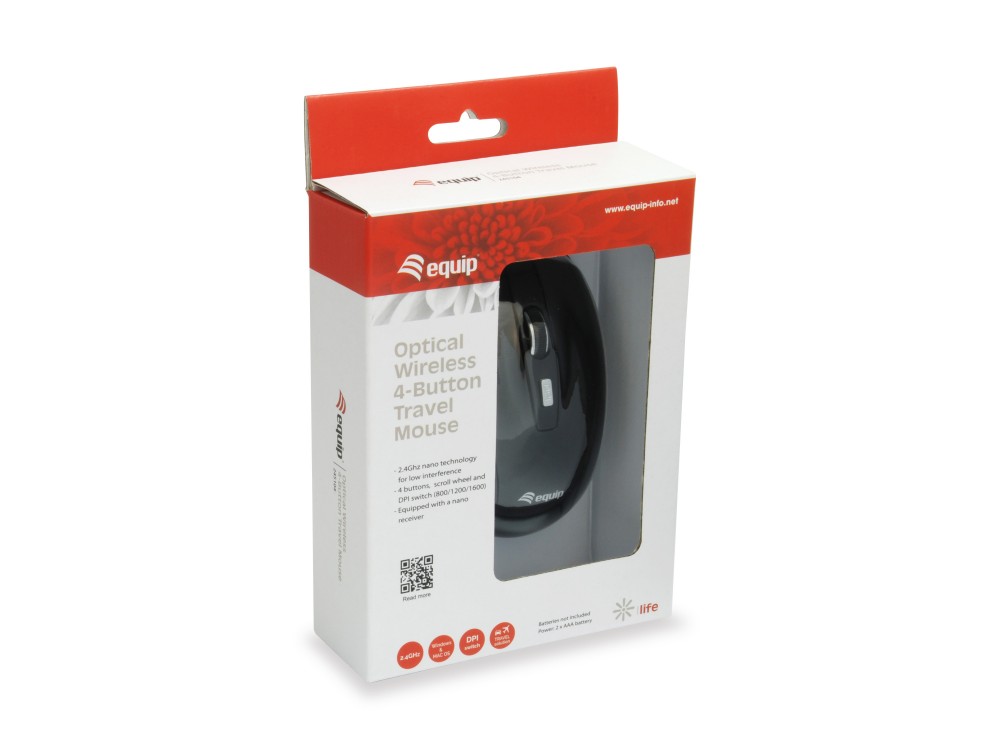 Optical Wireless 4-Button Travel Mouse, 2.4GHz frequency, DPI switch to change between 800, 1200 and 1600 DPI, Black