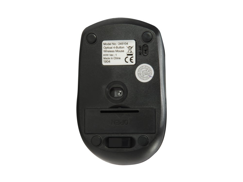 Optical Wireless 4-Button Travel Mouse, 2.4GHz frequency, DPI switch to change between 800, 1200 and 1600 DPI, Black