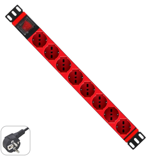 Multiple Socket rack 19"- 8 red /Schuko sockets, with On/Off switch,1 unit-Schuko Plug