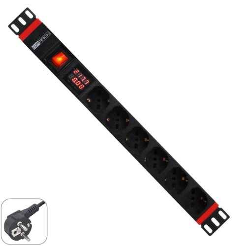 Multiple Socket rack 19"- 6 /Schuko, with On/Off switch and Power Current Meter,1 unit-Schuko Plug