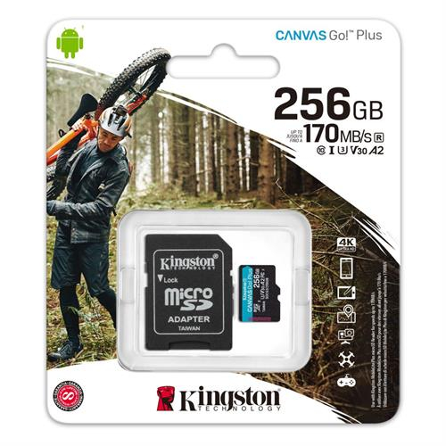 KINGSTON 256GB MICROSDXC CANVAS GO PLUS 170R A2 U3 V30 CARD + ADP - SDCG3/256GB