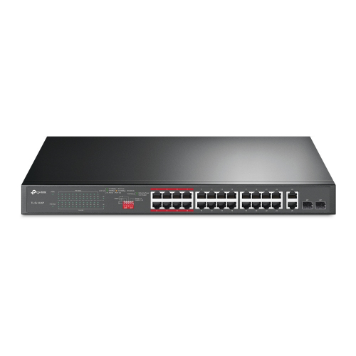 26-Port 10/100Mbps PoE+ Switch, 24 10/100Mbps PoE+ Ports, 2 Gigabit RJ45 Ports, 2 Combo SFP Slots, 802.3at/af, 250W PoE Power, 1U 19-inch Rack-mountable Steel Case, Extend Mode for 250m PoE Transmitting, Priority Mode for Port1-8, Isolation Mode