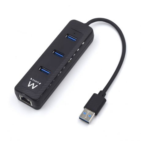 Hub USB Ewent RJ45 + 3 Portas USB 3.1 Gen1 (USB 3.0) Preto